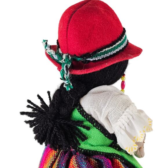 Handmade Bolivian Cloth Doll 9" Traditional Dress Red Hat Colorful Skirt & Beads - Picture 10 of 16